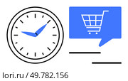 Clock with blue hands displaying time near a blue shopping cart icon within a dialogue bubble. Ideal for e-commerce, retail, time management, scheduling, marketing, customer service, efficiency. Clock with Blue Hands and Shopping Cart Icon within a Dialogue Bubble Symbolizing Timely Online Shopping. Стоковая иллюстрация, агентство Ingram Publishing / Фотобанк Лори