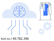 Brain inside cloud with circuits, clothing on a rack, and gears. Ideal for technology, cloud computing, artificial intelligence, fashion industry, automation business and innovation. Line metaphor. Integration of AI with Cloud Computing for Streamlining Fashion Industry Operations. Стоковая иллюстрация, агентство Ingram Publishing / Фотобанк Лори