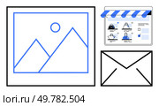 Digital marketing graphics with a photo gallery, online store with shopping cart, and envelope icon for email marketing. Ideal for e-commerce, business promotions, newsletters, digital strategies. Digital Marketing Elements Include Online Store, Photo Gallery, and Email Marketing. Стоковая иллюстрация, агентство Ingram Publishing / Фотобанк Лори