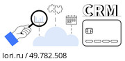 Hand with magnifying glass analyzing cloud CRM data, highlighting a puzzle piece, calendar, and credit card icons. Ideal for business analysis, cloud computing, CRM, data management, task planning. Hand Holding Magnifying Glass Examining Cloud CRM Data with Puzzle Piece, Calendar, and Credit Card Elements. Стоковая иллюстрация, агентство Ingram Publishing / Фотобанк Лори