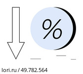 Downward arrow pointing left next to a blue circle with percentage symbol inside. Ideal for financial reports, economic trends, sales decrease, market analysis, budgeting, business planning, and risk. Downward Arrow and Percentage Symbol Representing Decrease or Reduction in Value or Rate. Стоковая иллюстрация, агентство Ingram Publishing / Фотобанк Лори
