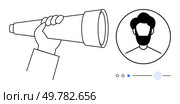 Hand using a telescope searching for a person depicted in a profile circle with status indicators. Ideal for recruitment, job search, talent acquisition, scouting, networking, focusing, vision. Hands holding a telescope searching for a person depicted in a profile circle. Стоковая иллюстрация, агентство Ingram Publishing / Фотобанк Лори