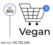 Shopping cart with three-item alert, bio label with leaf symbol, and Vegan text. Ideal for healthy living, veganism, organic products, eco-friendly lifestyle, sustainable choices, plant-based diets. Vegan Shopping Concept with Bio Label and Cart Icon Highlighting Three Items. Стоковая иллюстрация, агентство Ingram Publishing / Фотобанк Лори