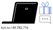 Laptop with closed screen appearing in black. Beside it is a blue bow-tied gift box icon and a speech bubble. Ideal for digital communication, online shopping, e-commerce, gifting, technology. Simplistic laptop graphic alongside gift box and speech bubble icons, emphasizing digital communication and exchange. Стоковая иллюстрация, агентство Ingram Publishing / Фотобанк Лори