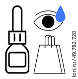 Eye dropper bottle beside an eye with a blue teardrop and a shopping bag. Ideal for healthcare, pharmaceuticals, eye care, retail, shopping, medical illustration, and consumer goods. Line metaphor. Eye Dropper Bottle with Teardrop and Shopping Bag Highlighting Health and Consumer Goods. Стоковая иллюстрация, агентство Ingram Publishing / Фотобанк Лори