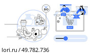 Online grocery shopping screen with a BIO label on fruits and vegetables, users receiving cashback and discounts. Ideal for e-commerce, organic food, cashback programs, discounts, digital shopping. Online Shopping for Organic Groceries with Cashback and Discounts Available on Various Fresh Produce. Стоковая иллюстрация, агентство Ingram Publishing / Фотобанк Лори