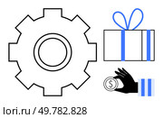 Gear, gift box with blue bow, and hand holding a coin. Ideal for business processes, rewards, innovation, teamwork, productivity technology and investment. Line metaphor. Efficient Solutions Gear and Gift Box with Hand Holding Coin, Metaphor for Rewarding Innovation. Стоковая иллюстрация, агентство Ingram Publishing / Фотобанк Лори