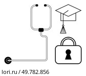 Stethoscope, graduation cap, and padlock arranged to illustrate healthcare, education, and security. Ideal for medical, academic, cybersecurity, protection learning safe practices and professional. Stethoscope, Graduation Cap, and Lock Illustrating Health, Education, and Security Themes. Стоковая иллюстрация, агентство Ingram Publishing / Фотобанк Лори