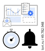 Business tools including chart checklist gear email stopwatch bell. Ideal for productivity, organization, efficiency, planning, time management, communication, notifications . Line metaphor. Business Management Tools Charts, Timer, Notifications, Checklists, and Email Communication. Стоковая иллюстрация, агентство Ingram Publishing / Фотобанк Лори