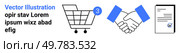Shopping cart with notification, handshake, and document icons. Ideal for e-commerce, business transactions, online shopping, agreements, contracts, partnerships, notifications Landing page. Shopping Cart, Handshake, and Document Icons Indicating E-commerce and Business Agreement. Стоковая иллюстрация, агентство Ingram Publishing / Фотобанк Лори