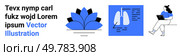 Text, lotus flower, lungs with diagnostics data, woman using laptop. Ideal for wellness, respiratory health, yoga lifestyle, remote education, online learning, vector graphics. Landing page. Modern Health and Wellness Yoga, Respiratory Health, and Online Learning Concepts. Стоковая иллюстрация, агентство Ingram Publishing / Фотобанк Лори