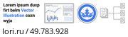 Graphs displaying business data, a blue circular emblem with a leaf, and a hierarchical flowchart. Ideal for business reports, data visualization, analysis, presentations, company branding. Business Data Analytics with Graphs, Flowchart, and Decorative Emblem in Blue and White Theme. Стоковая иллюстрация, агентство Ingram Publishing / Фотобанк Лори