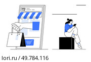 Large smartphone screen showing online store interface and hand holding shopping bags, woman sits on block using tablet. Ideal for e-commerce, online shopping, retail, mobile apps, technology. Large smartphone screen displaying an online store with hand holding shopping bags, woman using tablet. Стоковая иллюстрация, агентство Ingram Publishing / Фотобанк Лори