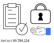 Checklist on a clipboard, checkmark, hand reaching out, and lock indicate security and data management. Ideal for compliance, privacy, protection, legal, secure transactions quality control audit. Secured Document Management Concept with Checklist, Hand, and Lock Symbol for Data Protection. Стоковая иллюстрация, агентство Ingram Publishing / Фотобанк Лори
