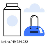 Milk carton, cloud, and handbag with price tag. Ideal for retail, shopping, dairy products, weather, daily essentials minimalistic designs and advertisements. Line metaphor. Minimalistic Elements of a Milk Carton, Cloud, and Handbag with Price Tag. Стоковая иллюстрация, агентство Ingram Publishing / Фотобанк Лори