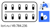 Black and white blister pack of capsules, person holding a prescription bag, and a blue circle with a crossed-out pill. Ideal for healthcare, pharmaceuticals, medication, pharmacy, prescription, drug. Medication blister pack, person with prescription bag, and prohibited sign for pills emphasizing drug use. Стоковая иллюстрация, агентство Ingram Publishing / Фотобанк Лори