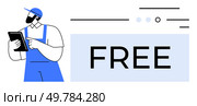 Worker in blue uniform and cap uses digital tablet near large FREE sign with abstract geometric elements. Ideal for promotions, advertisements, tech interfaces, workforce management, software trials. Worker in uniform using digital tablet with bold FREE sign and abstract geometric elements. Стоковая иллюстрация, агентство Ingram Publishing / Фотобанк Лори