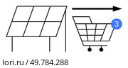 Solar panel and shopping cart with notification number 3, black arrow pointing right. Ideal for eco-friendly shopping, renewable energy, online shopping, sustainability, green products, eco-conscious. Solar panel and shopping cart icon indicating renewable energy product availability. Стоковая иллюстрация, агентство Ingram Publishing / Фотобанк Лори