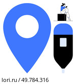 Large blue location marker, black and blue pin icon, person using smartphone. Ideal for navigation, GPS, mapping services, travel apps, technology mobile devices wayfinding. Line metaphor. Location Marker with Mobile User and Pin Icon Representing Navigation and Technology. Стоковая иллюстрация, агентство Ingram Publishing / Фотобанк Лори