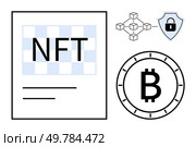 Blockchain-themed design with a chart labeled NFT, Bitcoin symbol coin, interconnected network nodes graphic, and security shield. Ideal for finance, digital art, cybersecurity, cryptocurrency. Blockchain Technology Concepts Featuring NFT, Bitcoin, Security Shield, and Network Structure. Стоковая иллюстрация, агентство Ingram Publishing / Фотобанк Лори