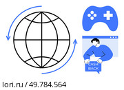 Black and blue illustration of a globe with arrows, game controller, and person holding a cashback sign. Ideal for global connectivity, online shopping, gaming, internet, and e-commerce. Simplistic. Global Connectivity Highlighted with Cashback and Gaming Consoles. Стоковая иллюстрация, агентство Ingram Publishing / Фотобанк Лори