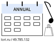 Annual calendar showcasing a month layout with musical note and shopping bag symbols, highlighting events and activities. Ideal for scheduling, event planning, marketing, promotions, reminders. Annual Calendar with Musical Note and Shopping Bag, Representing Events and Activities Throughout the Year. Стоковая иллюстрация, агентство Ingram Publishing / Фотобанк Лори