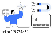Person holding book and writing graph on whiteboard, magnet, and credit card. Ideal for education, science, finance, magnetic concepts, team brainstorming academic learning technology. Line. Individual studying magnetism and illustrating graph concepts with a book, magnet, and card. Стоковая иллюстрация, агентство Ingram Publishing / Фотобанк Лори