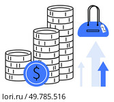 Stacks of coins with dollar sign, handbag, and ascending arrows. Ideal for economic growth, consumer spending, financial investment, savings, retail sales profit increase budgeting. Line metaphor. Stacks of coins with rising arrows and handbag representing economic growth and consumer spending. Стоковая иллюстрация, агентство Ingram Publishing / Фотобанк Лори