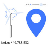 Wind turbine blades spinning next to a blue location pin and three circular UI elements. Ideal for themes of renewable energy, navigation, sustainability, technology, environmental awareness. Wind Turbine Blades Spinning Next to Blue Location Pin with UI Elements for Navigation and Energy. Стоковая иллюстрация, агентство Ingram Publishing / Фотобанк Лори