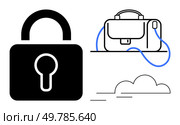 Large lock with keyhole, briefcase with blue strap, and cloud symbolize security and confidentiality. Ideal for corporate security, data protection, cloud storage, safe transportation, business. Large lock with keyhole, briefcase with strap, and cloud on a white background emphasizing security. Стоковая иллюстрация, агентство Ingram Publishing / Фотобанк Лори