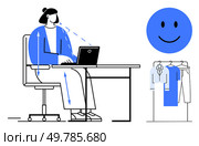 Woman working on a laptop at a desk, happy face icon, clothing rack. Ideal for productivity, ergonomics, office setup, remote work, mental health work-life balance tech lifestyle. Line metaphor. Working Woman in Modern Office Setting with Laptop, Clothing Rack, and Positive Atmosphere. Стоковая иллюстрация, агентство Ingram Publishing / Фотобанк Лори