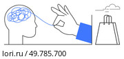 Hand untangling mind s mess, leading to shopping bag. Ideal for mental health, stress relief, problem solving, retail therapy, self-care, consumer behavior lifestyle. Line metaphor. Untangling Thoughts and Stress through Shopping Therapy Concept in Minimalist Design. Стоковая иллюстрация, агентство Ingram Publishing / Фотобанк Лори
