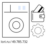 Bank card emerging from wallet, adjacent to washing machine and gear. Ideal for financial services, banking, technology integration, retail, automation, digital transactions finance. Line metaphor. Bank card emerging from a wallet next to a washing machine and gear, representing payment and systems functionality. Стоковая иллюстрация, агентство Ingram Publishing / Фотобанк Лори