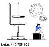Office chair beside moving gears as woman uses tablet, suggesting workplace efficiency and innovation. Ideal for productivity, work culture, ergonomics, technology, workflow, office life. Office chair with gears and woman using tablet, symbolizing workplace mechanics and productivity. Стоковая иллюстрация, агентство Ingram Publishing / Фотобанк Лори