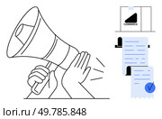 Hands holding a megaphone for announcements, accompanied by a commerce symbol and signed documents. Ideal for business promotions, communications, commercial announcements, marketing, and trade. Megaphone Announcing Information with Documents and Commerce Symbol. Стоковая иллюстрация, агентство Ingram Publishing / Фотобанк Лори