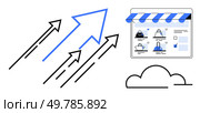 Arrows directed at online store frontend showcasing products. Ideal for e-commerce, growth strategy, market expansion, online shopping, digital marketing, business growth, and sales increase. Line. Arrows pointing towards online store suggesting e-commerce growth and market expansion strategies. Стоковая иллюстрация, агентство Ingram Publishing / Фотобанк Лори