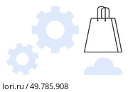 Shopping bag alongside gears and cloud emphasizing smart retail, tech-driven commerce, and sustainability. Ideal for e-commerce, automation, digital marketing, retail management, tech solutions. Geared Shopping Seamless Integration of Retail and Technology. Стоковая иллюстрация, агентство Ingram Publishing / Фотобанк Лори
