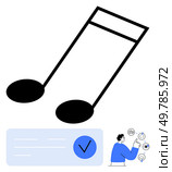 Large musical note hovering over a document with a checkmark, small figure ticking off tasks. Ideal for music projects, organization, planning, checklists, productivity, task management, education. Giant Musical Note Over Music Checklist with Figure Checking Items. Стоковая иллюстрация, агентство Ingram Publishing / Фотобанк Лори