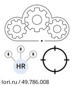 Cloud gear integration, HR node connections, and target focus symbol. Ideal for HR management, business strategy, cloud computing, data integration, workforce analytics, networked systems planning. Cloud integration with HR, network connections, and target focus concepts for business strategy. Стоковая иллюстрация, агентство Ingram Publishing / Фотобанк Лори