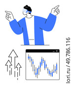 Person wearing VR headset points upward, symbolizing growth. Graph shows fluctuating stock trends. Ideal for finance, virtual reality, technology, investment, data analysis, education and market. Person Using VR Headset to Analyze Stock Market Graph with Rising Arrow Indicators. Стоковая иллюстрация, агентство Ingram Publishing / Фотобанк Лори