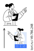 Doctor holding clipboard pointing upwards with interface icons. Ideal for telehealth, virtual consultations, communication, technology, healthcare, online services. Line metaphor. Doctor with Clipboard and Virtual Communication Tools in Modern Telemedicine Concept. Стоковая иллюстрация, агентство Ingram Publishing / Фотобанк Лори