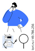 Man with hand on chin pondering, alongside robot indicating directions and a magnifying glass symbol. Ideal for themes of creativity, technology, guidance, discovery, problem-solving, innovation. Contemplative Man and Instructional Robot Highlighting Discovery and Innovation Concepts. Стоковая иллюстрация, агентство Ingram Publishing / Фотобанк Лори