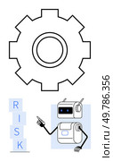 Gear cog, robot with pointing gesture, RISK spelled vertically in blocks. Ideal for business strategies, risk assessment, automation, AI, technology impact, decision making, operational efficiency. Business Automation Gear with Robot Illustrating Risk Management Concept. Стоковая иллюстрация, агентство Ingram Publishing / Фотобанк Лори
