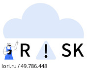 Man with tablet pointing at cloud above risk caution sign. Ideal for risk assessment, safety protocols, project planning, construction, workplace safety, data security, hazard prevention. Line. Worker point at a large light blue cloud with Risk spelled out below it in bold letters. Стоковая иллюстрация, агентство Ingram Publishing / Фотобанк Лори