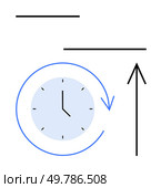 Clock face with blue circular arrow, two horizontal lines, and arrow pointing upward. Ideal for time management, productivity, deadlines, scheduling, efficiency progress and growth themes. Line. Clock with Arrow Indicating Progress and Passing Time Concept in Minimal Design. Стоковая иллюстрация, агентство Ingram Publishing / Фотобанк Лори