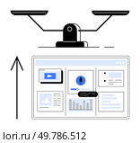 Balance scale above a data analytics dashboard with graphs and media icons. Ideal for business analysis, performance tracking, financial review, growth strategies, web, v10 development, user interface. Balance Scale and Data Presentation with Upward Arrow Signifying Growth and Progress. Стоковая иллюстрация, агентство Ingram Publishing / Фотобанк Лори