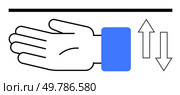Outstretched hand with blue cuff and black line above, accompanied by arrows indicating upward and downward movement. Ideal for communication, signaling, instructions, navigation, directions, user. Hand Gesture for Raising and Lowering Simple Communication for Everyday Interactions. Стоковая иллюстрация, агентство Ingram Publishing / Фотобанк Лори