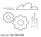 Two mechanical gears with a cloud, arrows, and lines indicating upward movement. Ideal for success, innovation, technology, engineering, progress management business growth. Line metaphor. Mechanical gears with cloud, arrows, and lines representing upward progress in minimalistic style. Стоковая иллюстрация, агентство Ingram Publishing / Фотобанк Лори