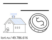 House equipped with solar panels and large coin with dollar symbol. Ideal for renewable energy, eco-friendly living, solar power, sustainable savings, green investments, home efficiency. House with Solar Panels and Coin Depicting Renewable Energy Savings on Clean White Background. Стоковая иллюстрация, агентство Ingram Publishing / Фотобанк Лори