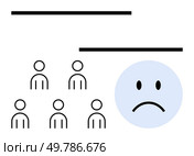Small group of simplistic figures under lines next to a large sad face. Ideal for expressing stress, hierarchy, organizational structure, isolation, group dynamics, pressure. Line metaphor. Team of Small Figures with Lines, Overshadowed by Large Sad Face, Concept of Overwhelm. Стоковая иллюстрация, агентство Ingram Publishing / Фотобанк Лори